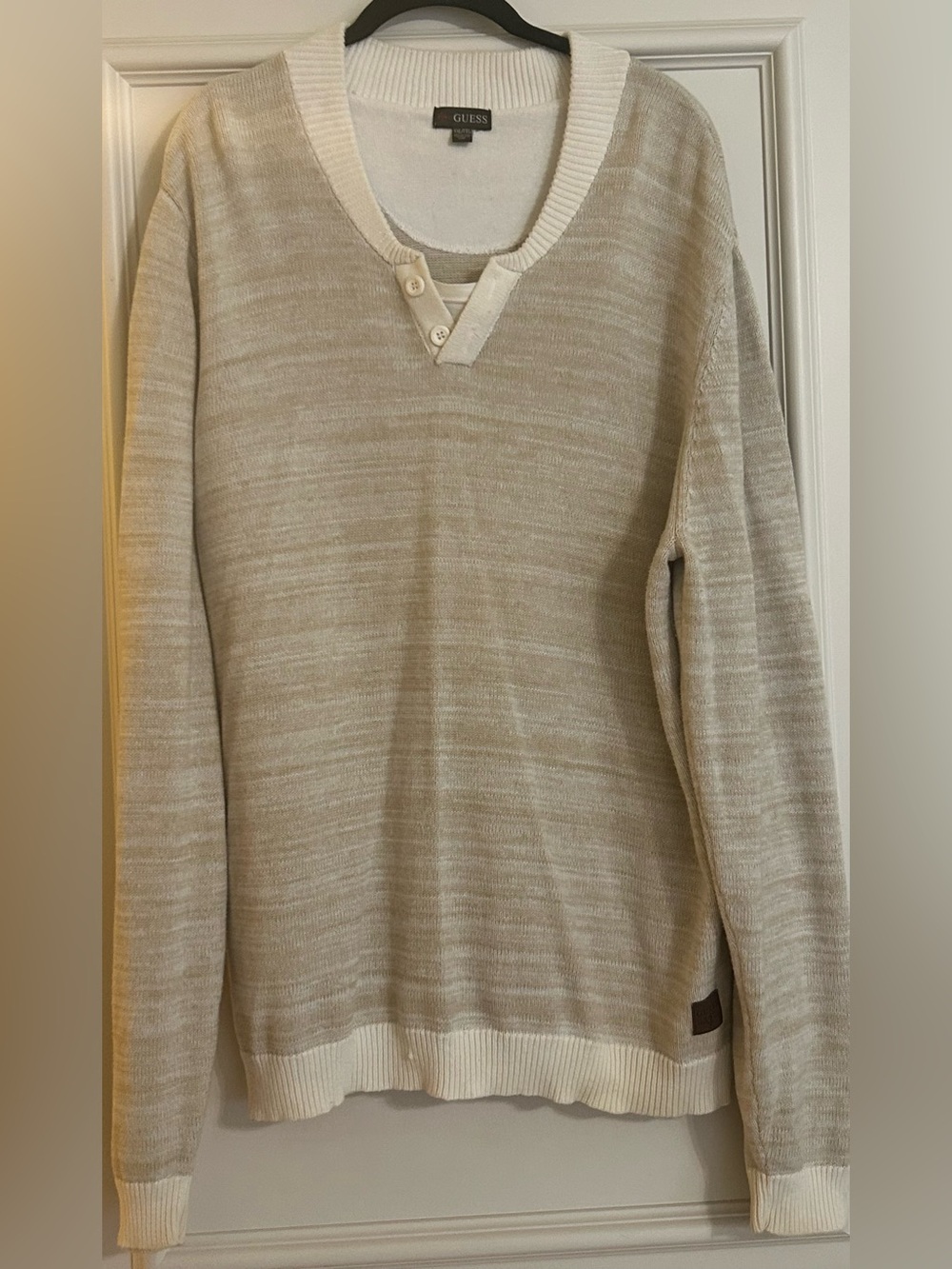 Guess Men's Beige V-Neck Button Sweater